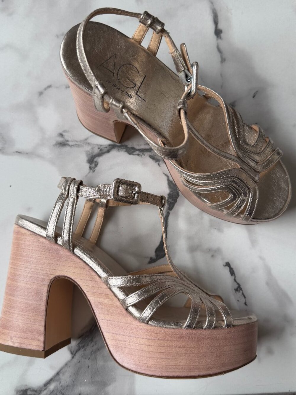 AGL Gold Leather Platform T-Strap Sandals Size EU 36.5